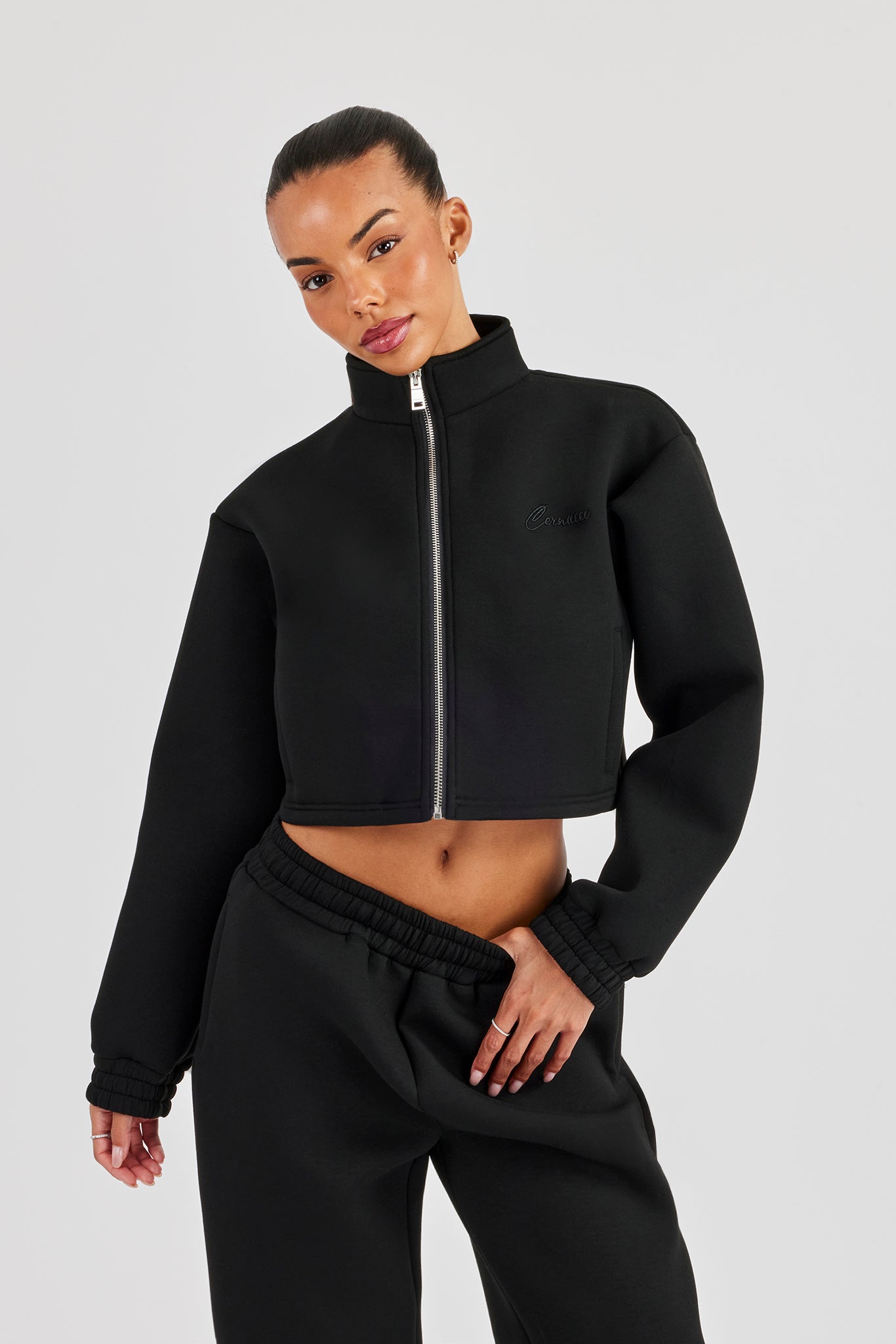 Scuba Funnel Neck Crop Jacket - Black