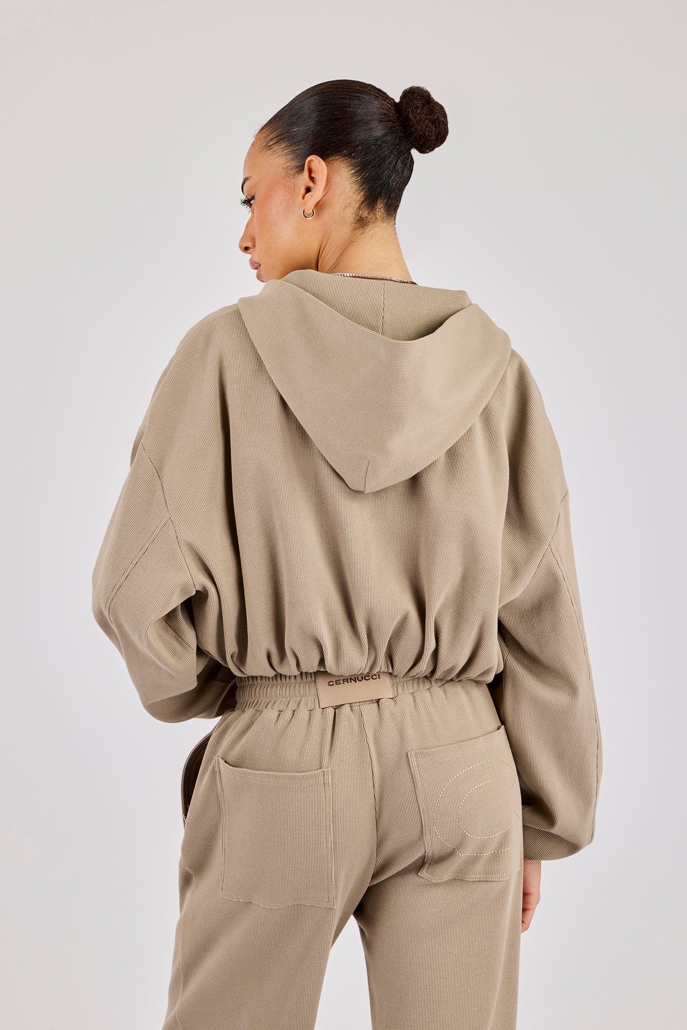 Ottoman Rib Hooded Zip Through - Taupe