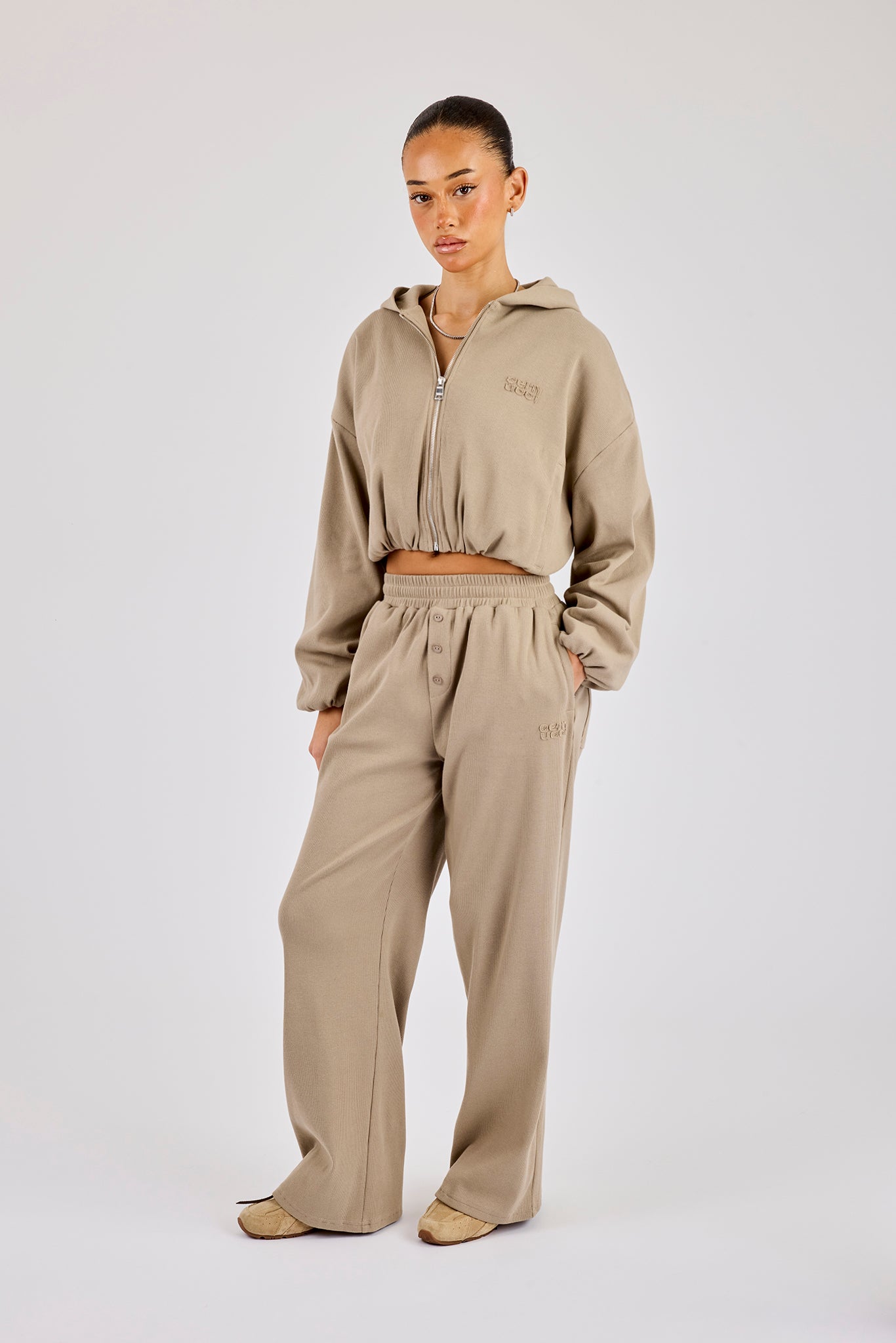 Ottoman Rib Hooded Zip Through - Taupe