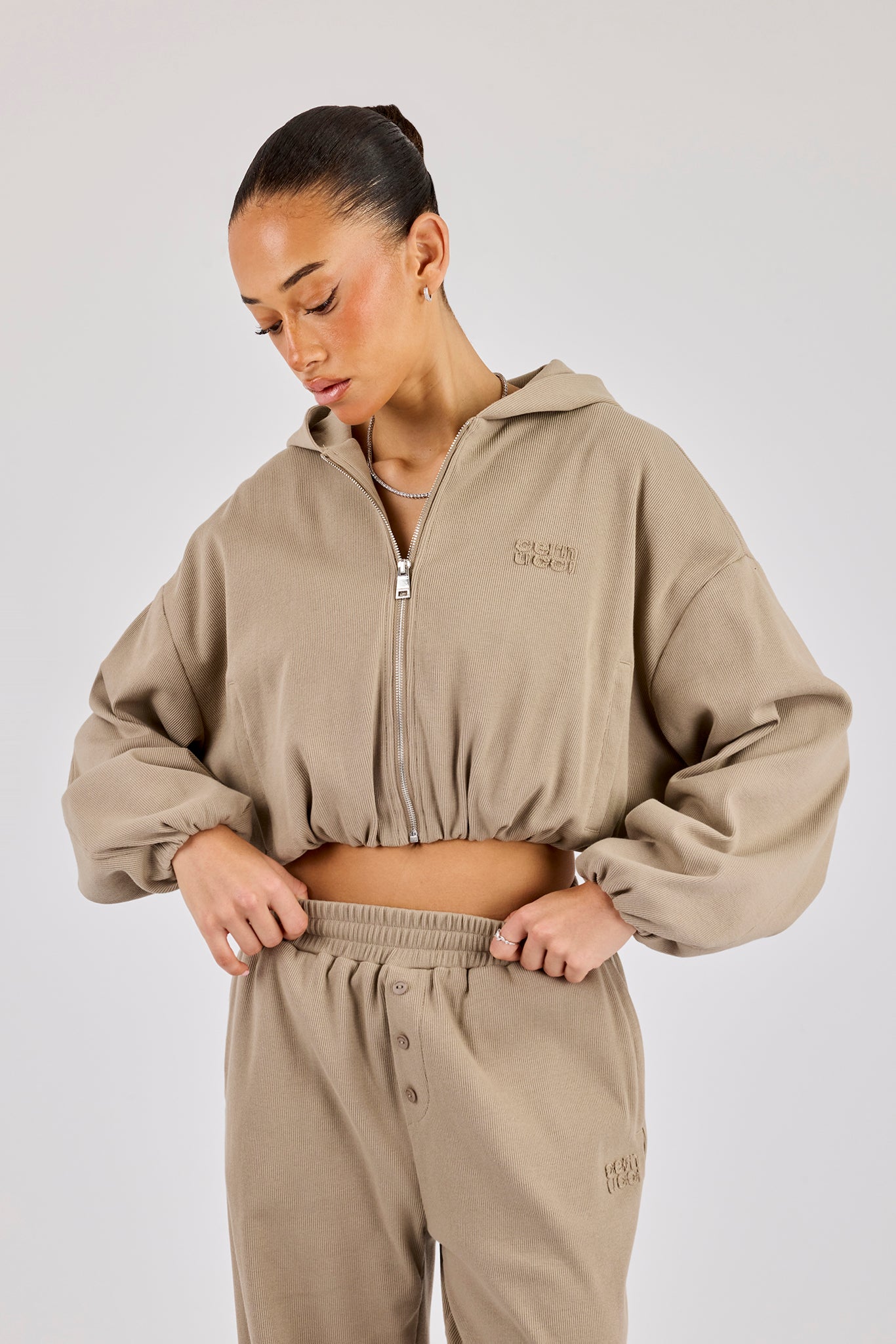 Ottoman Rib Hooded Zip Through - Taupe