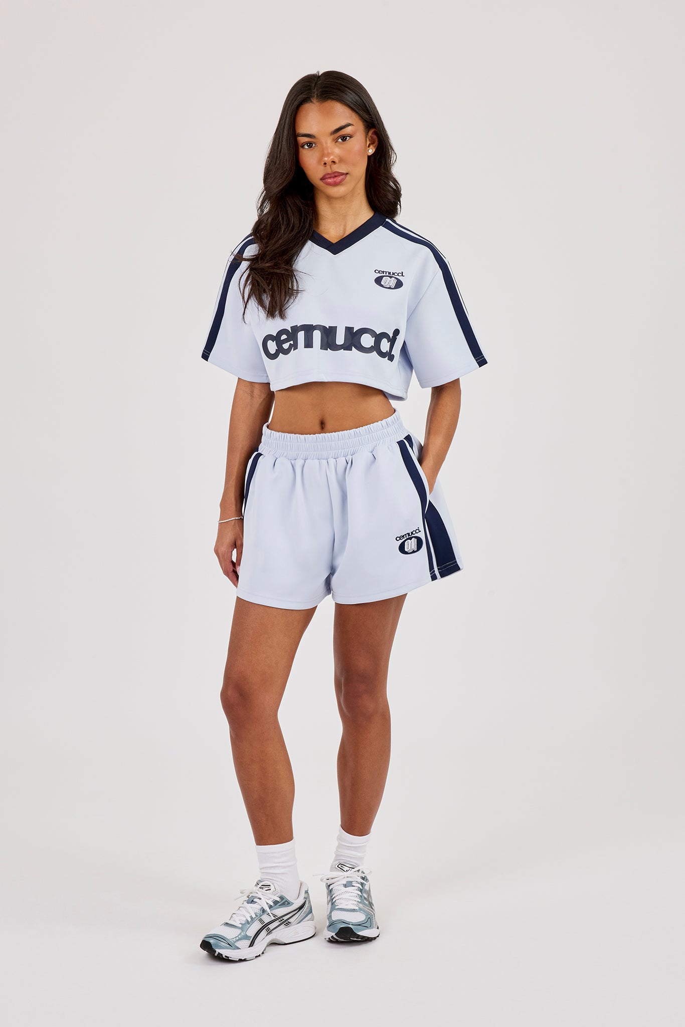 Cropped Short Sleeve Football Top - Baby Blue