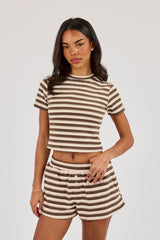 Double Stripe Soft Touch Short Sleeve Top & Short - Beige