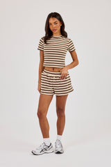 Double Stripe Soft Touch Short Sleeve Top & Short - Beige