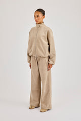 Suede Biker Jacket & Wide Leg Jogger - Beige