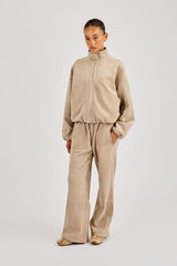Suede Biker Jacket & Wide Leg Jogger - Beige