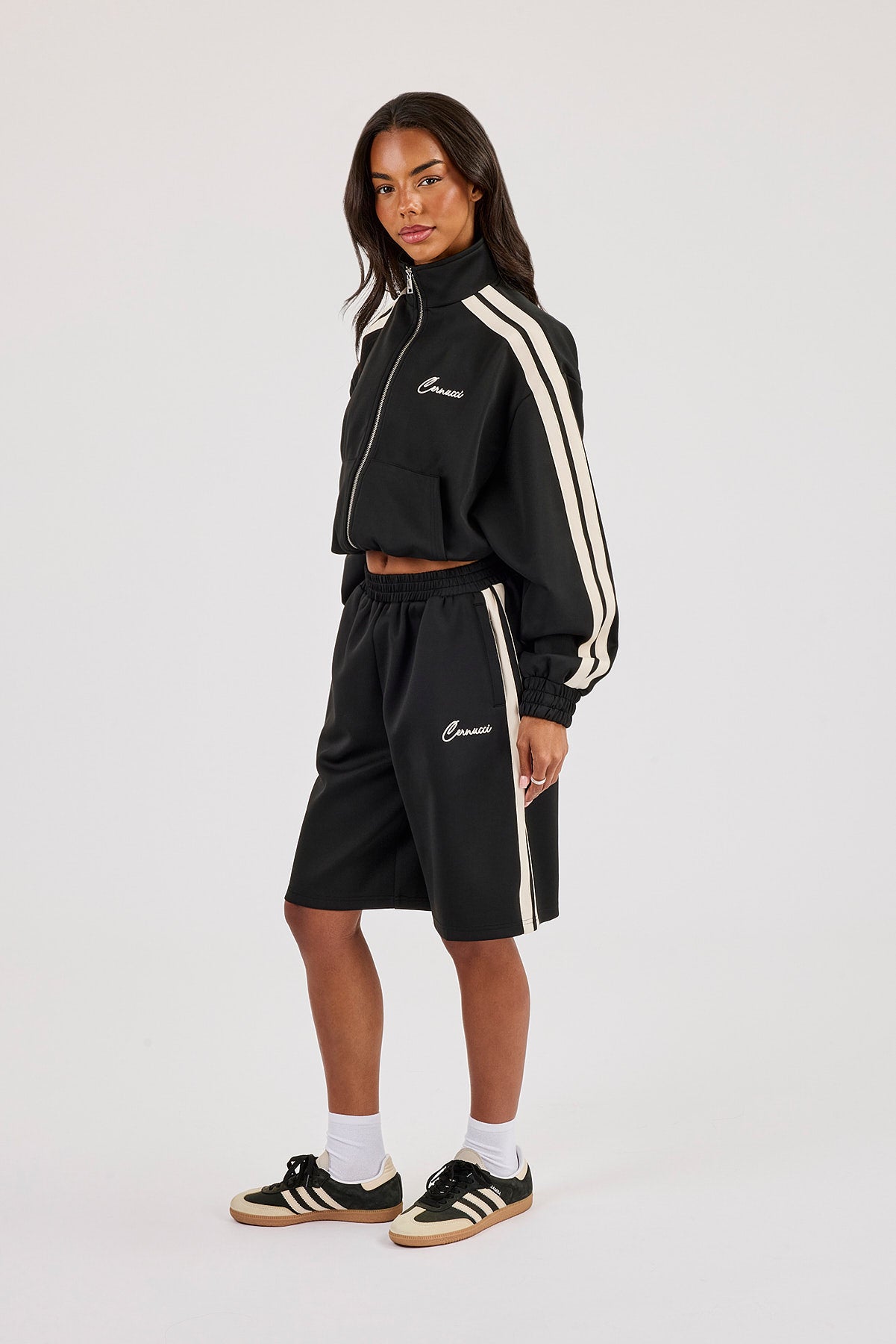 Taping Cropped Funnel Neck Jacket & Jort - Black