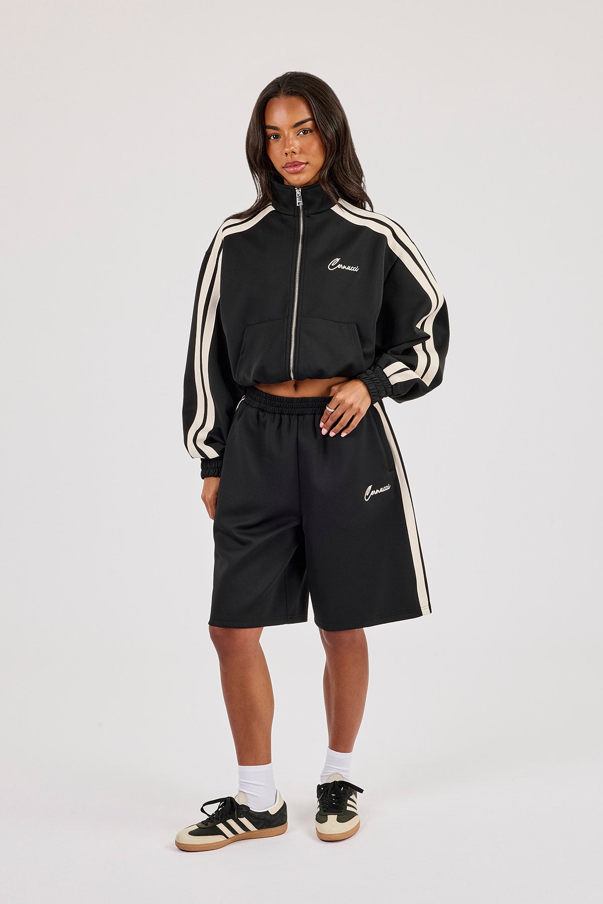 Taping Cropped Funnel Neck Jacket & Jort - Black
