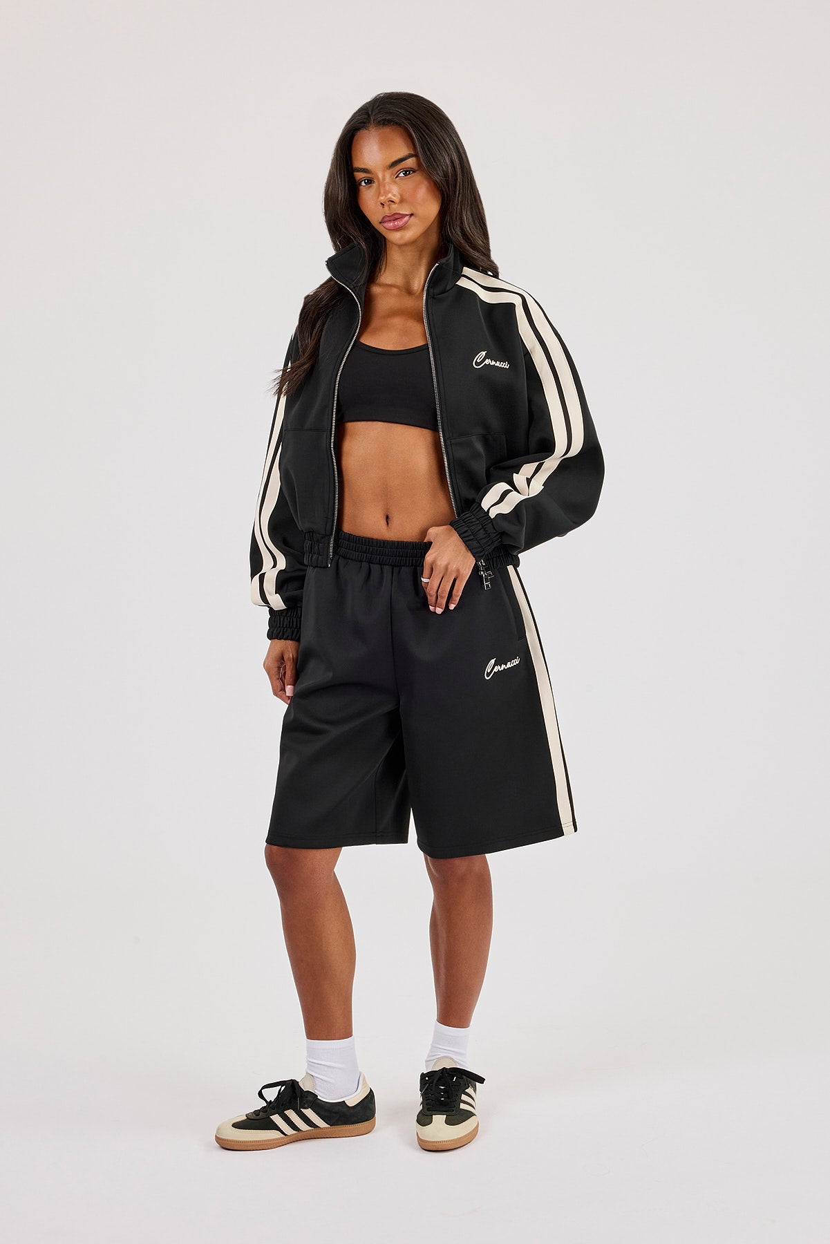 Taping Cropped Funnel Neck Jacket & Jort - Black