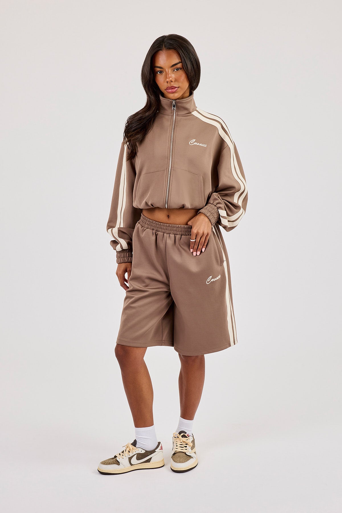 Taping Cropped Funnel Neck Jacket & Jort - Taupe