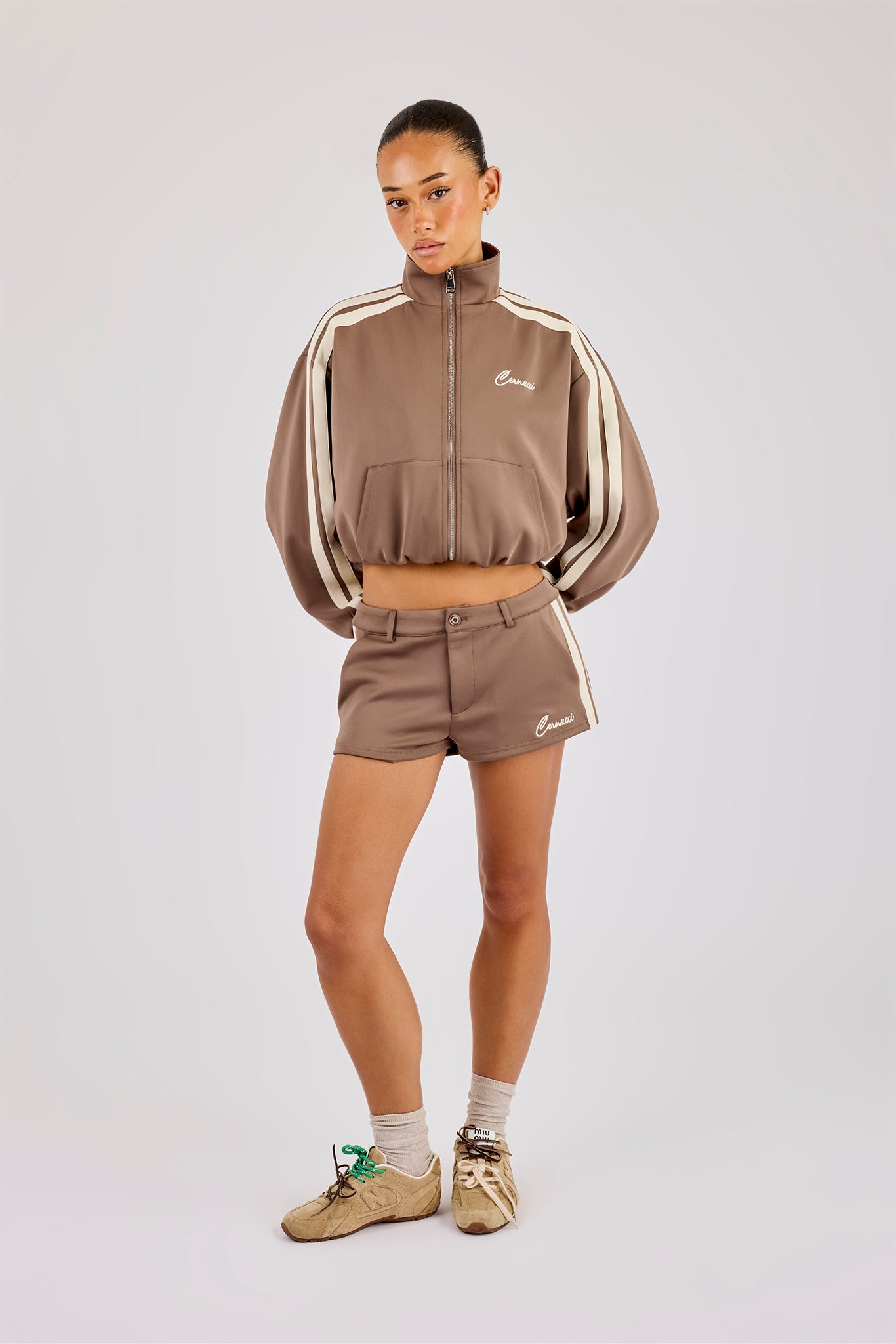 Taping Cropped Funnel Neck Track Jacket & Micro Short - Taupe