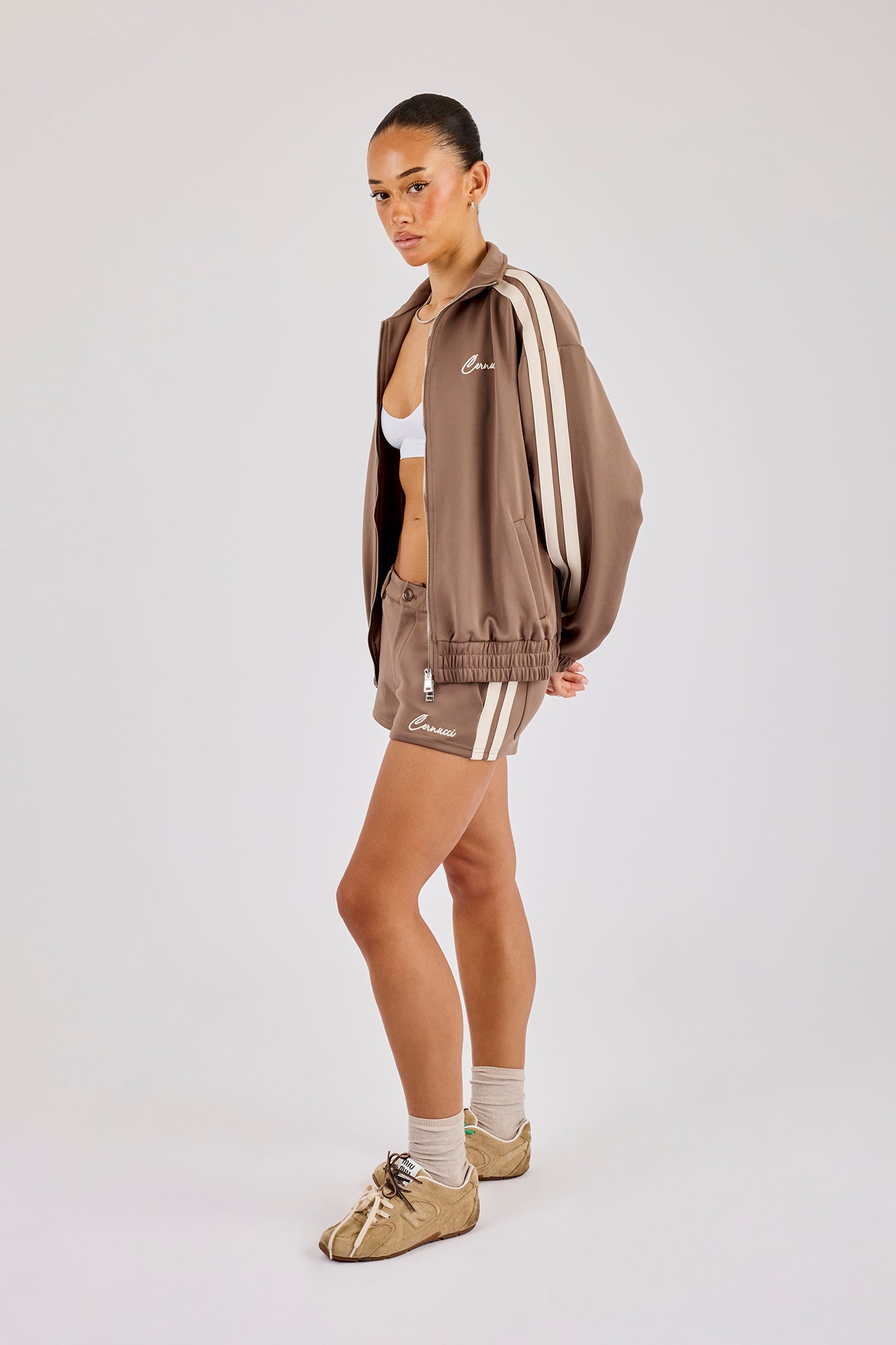 Funnel Neck Taping Zip Through Track Jacket & Micro Short - Taupe