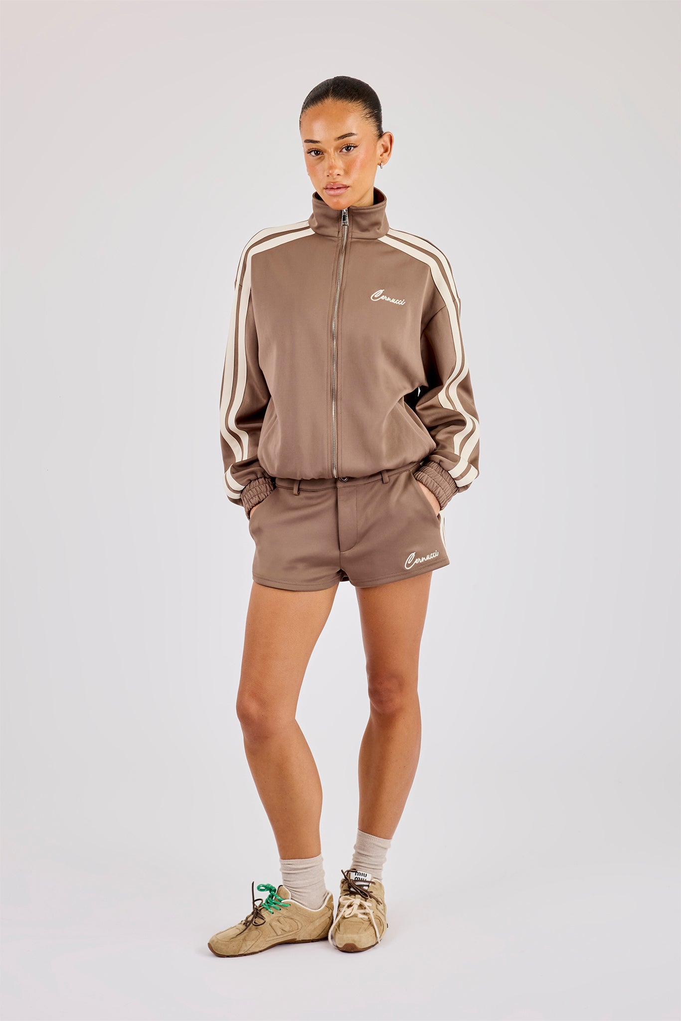 Funnel Neck Taping Zip Through Track Jacket & Micro Short - Taupe