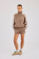Funnel Neck Taping Zip Through Track Jacket & Micro Short - Taupe