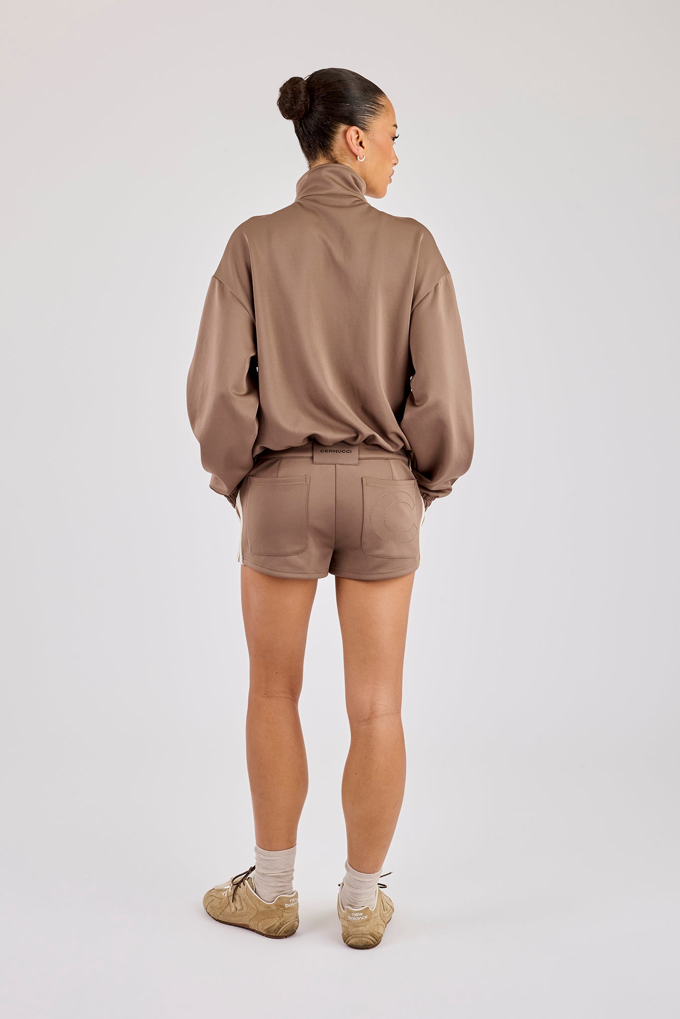 Taping Cropped Funnel Neck Track Jacket & Micro Short - Taupe