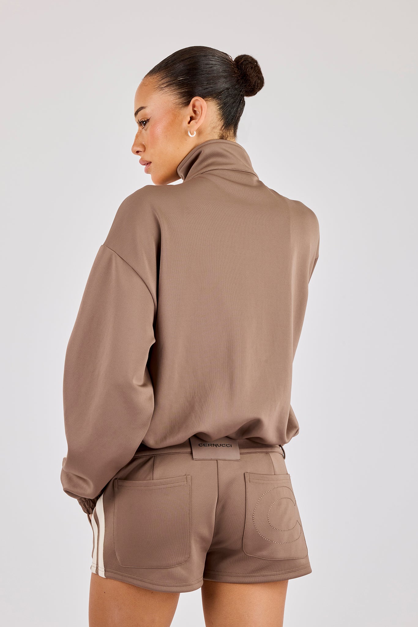 Funnel Neck Taping Zip Through Track Jacket & Micro Short - Taupe