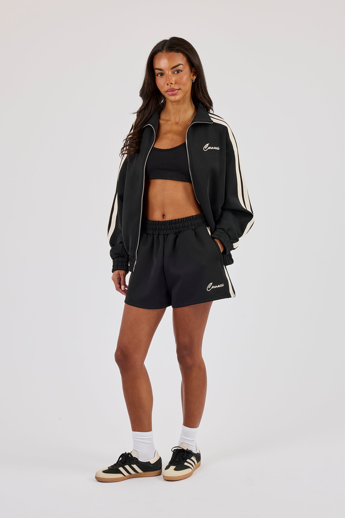Funnel Neck Taping Zip Through Track Jacket & Short- Black