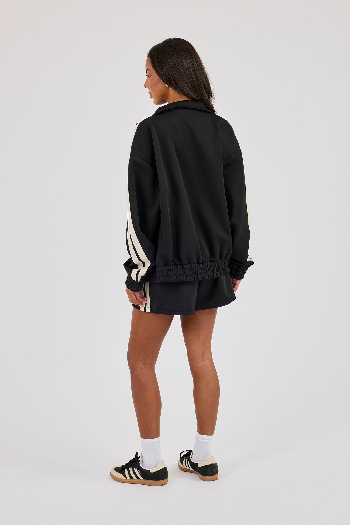 Funnel Neck Taping Zip Through Track Jacket & Short- Black