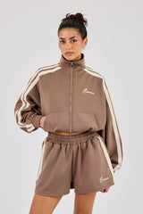 Taping Cropped Funnel Neck Track Jacket & Taping Short - Taupe