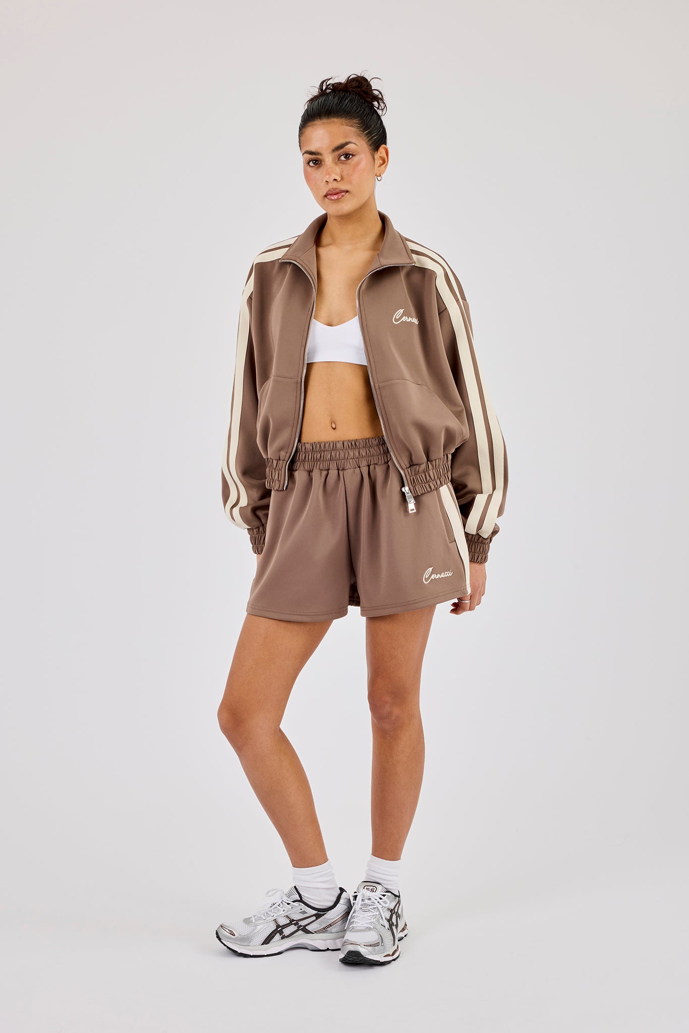 Taping Cropped Funnel Neck Track Jacket & Taping Short - Taupe