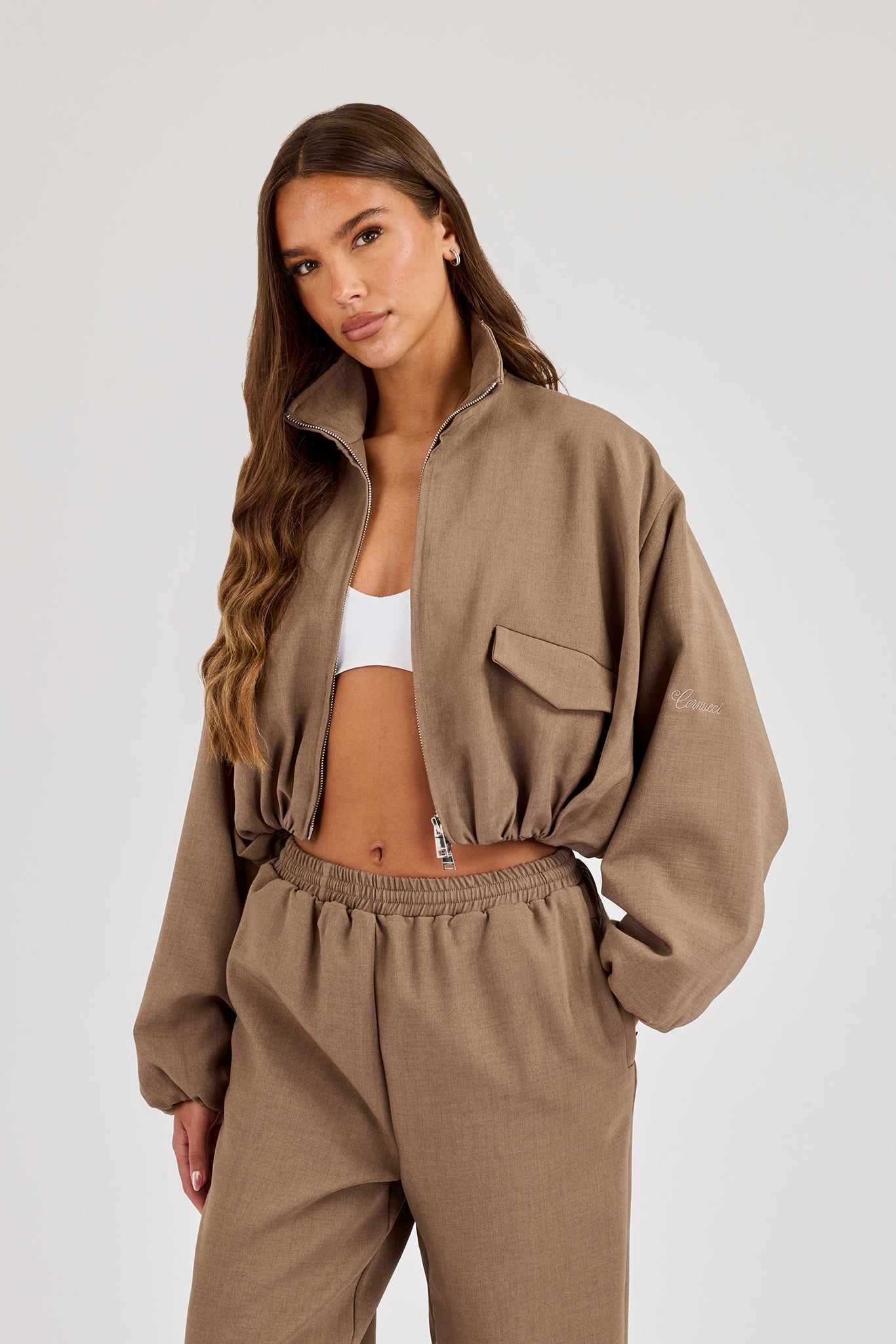Twill Elasticated Hem Funnel Neck Jacket - Taupe