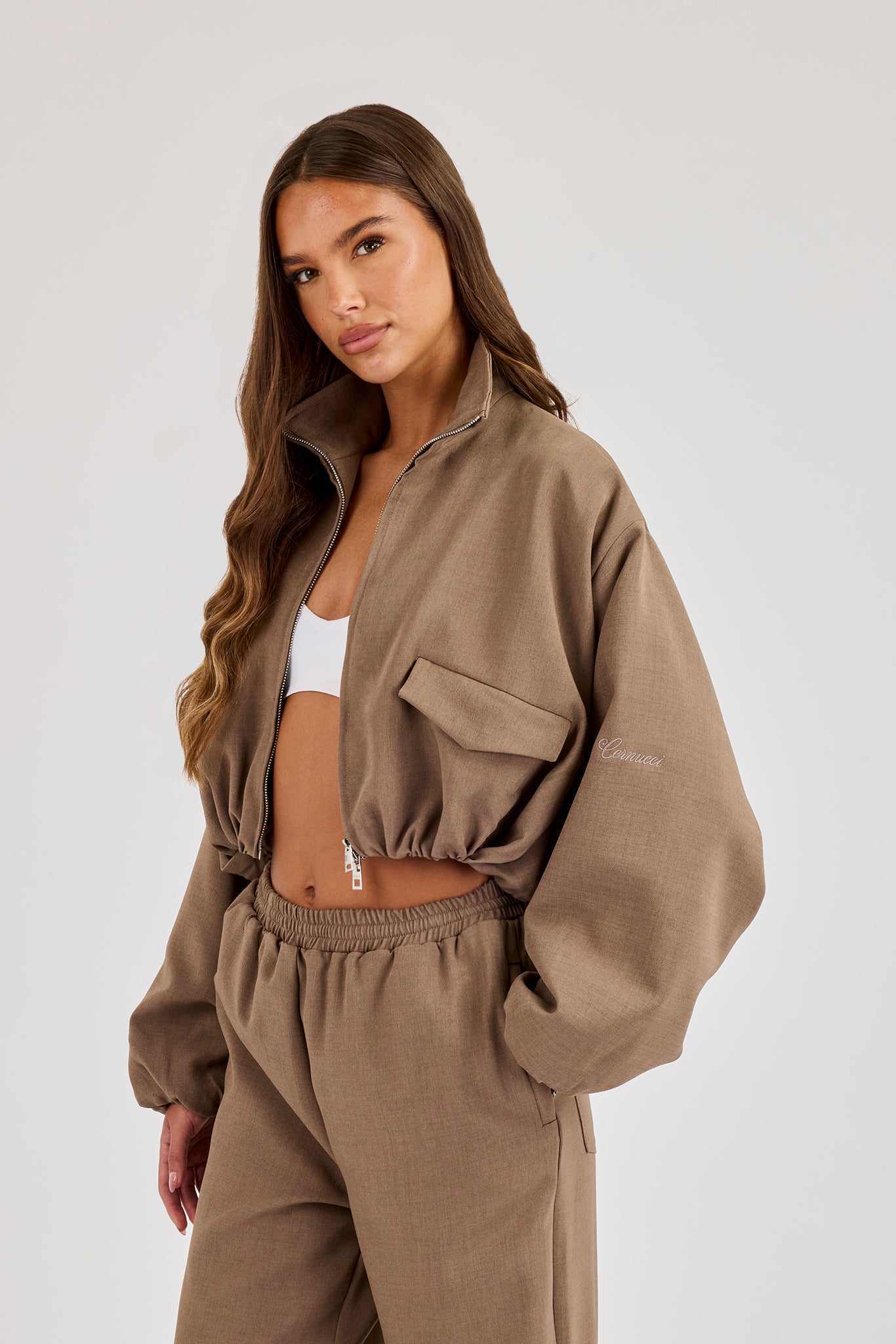 Twill Elasticated Hem Funnel Neck Jacket - Taupe