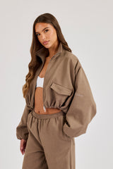 Twill Elasticated Hem Funnel Neck Jacket - Taupe