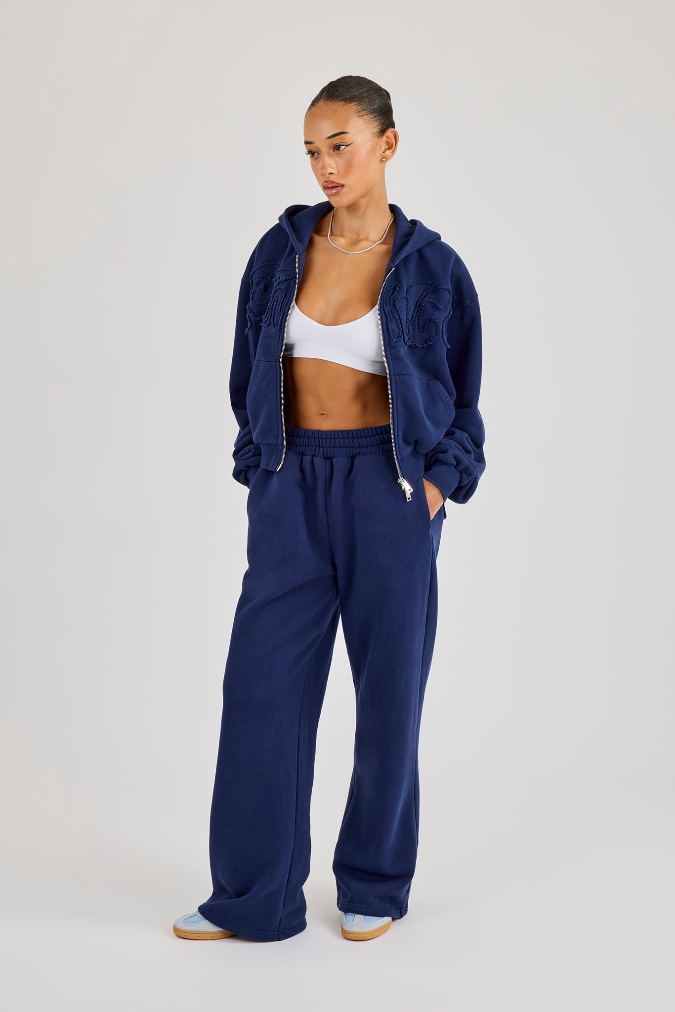 Washed Applique Logo Boxy Zip Through Hoodie & Wide Leg Jogger - Navy