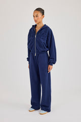 Washed Applique Logo Boxy Zip Through Hoodie & Wide Leg Jogger - Navy