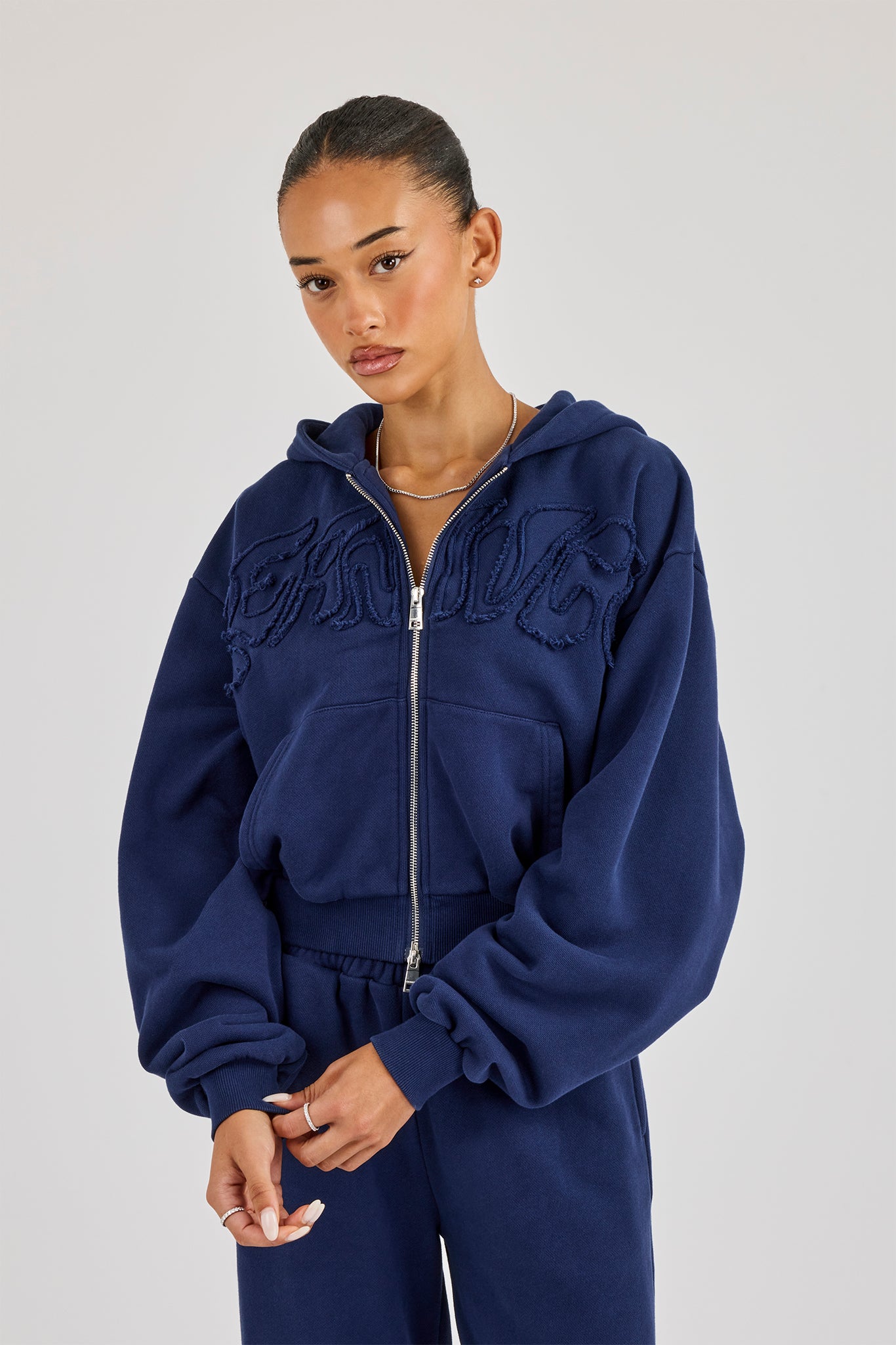 Washed Applique Logo Boxy Zip Through Hoodie - Navy | Womens