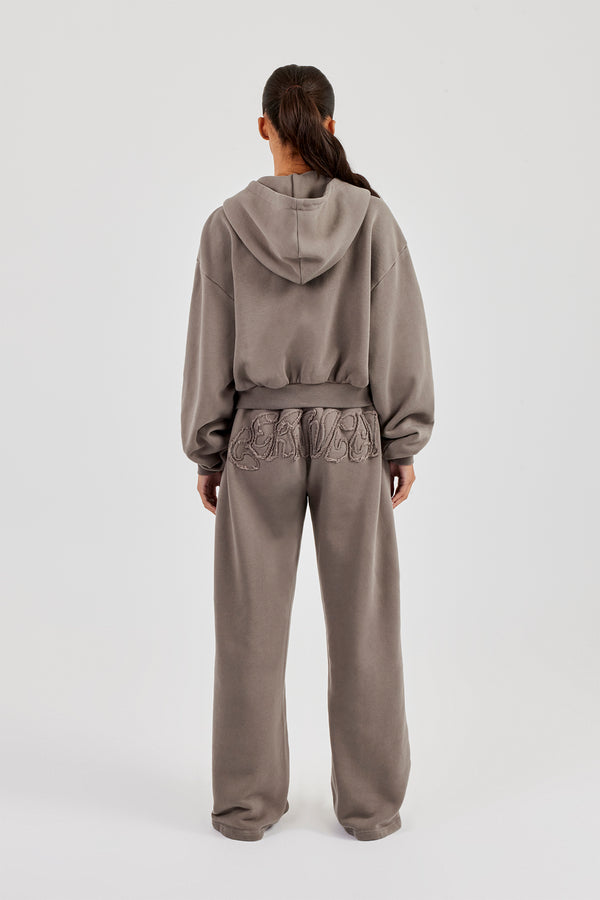 Kapuzenpullover mit gewaschenem Logo-Applikationen, kastenförmigem Schnitt, durchgehendem Reißverschluss und weitem Bein – Grau