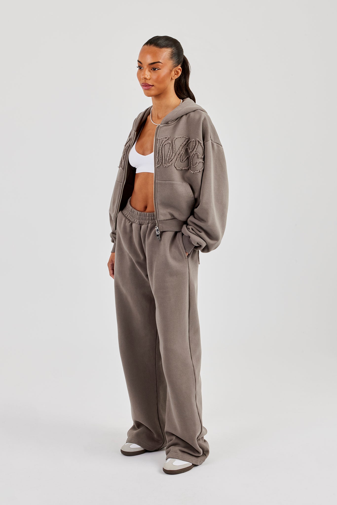 Washed Applique Logo Boxy Zip Through Hoodie & Wide Leg Jogger - Grey