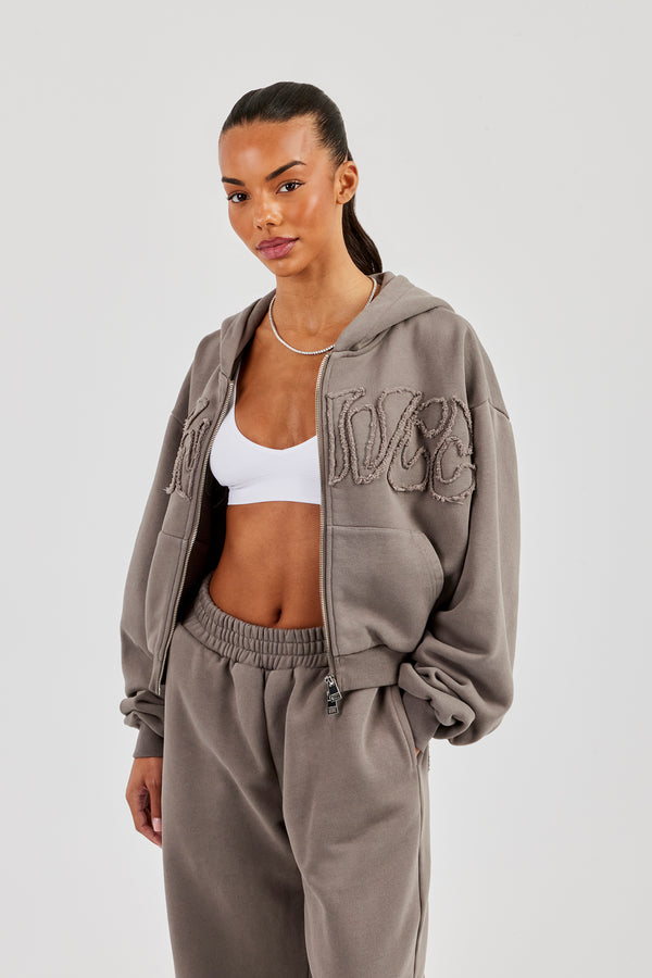 Boxy Zip-Hoodie mit gewaschenem Look und Logo-Applikation- Grau