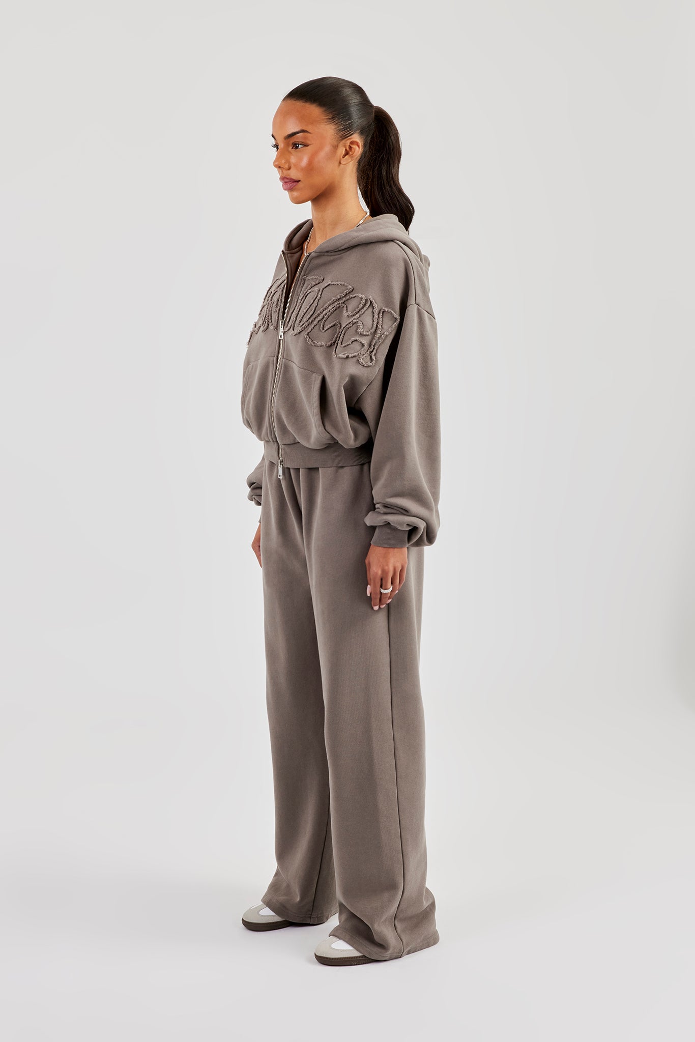 Washed Applique Logo Boxy Zip Through Hoodie & Wide Leg Jogger - Grey
