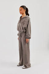 Washed Applique Logo Boxy Zip Through Hoodie & Wide Leg Jogger - Grey