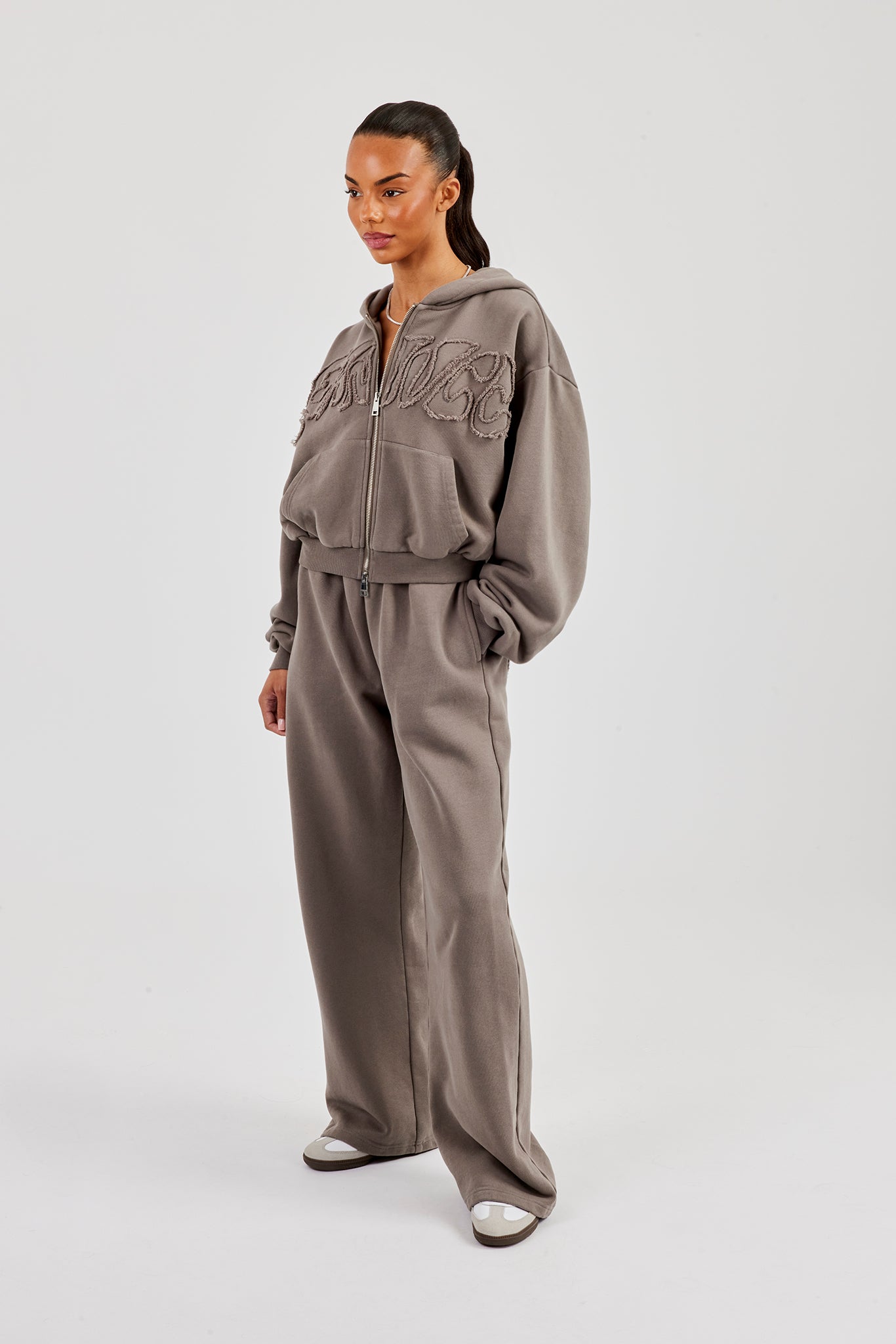 Washed Applique Logo Boxy Zip Through Hoodie - Grey | Womens
