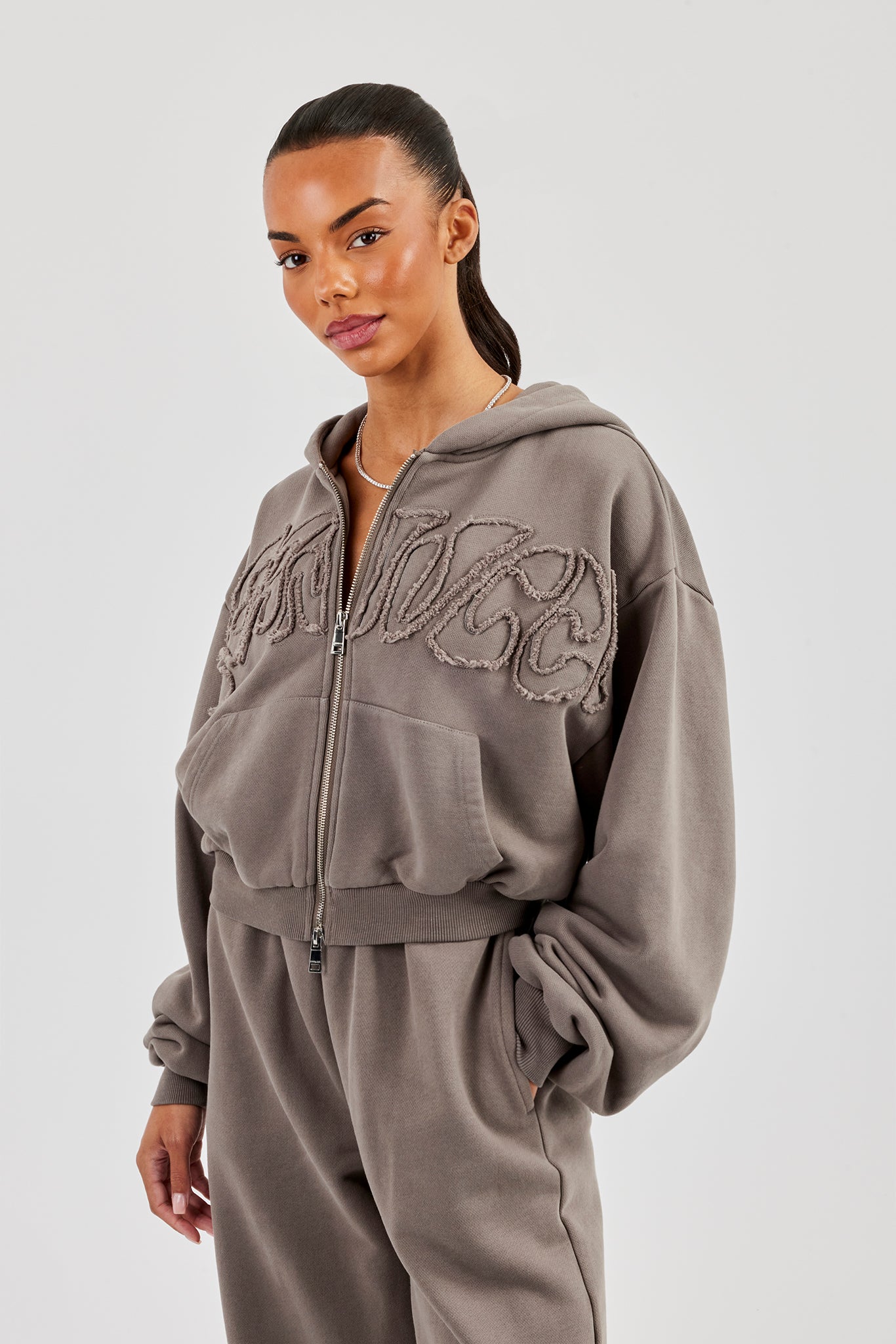 Washed Applique Logo Boxy Zip Through Hoodie - Grey | Womens