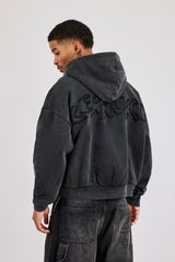 Washed Applique Boxy Zip Through Hoodie - Acid Wash