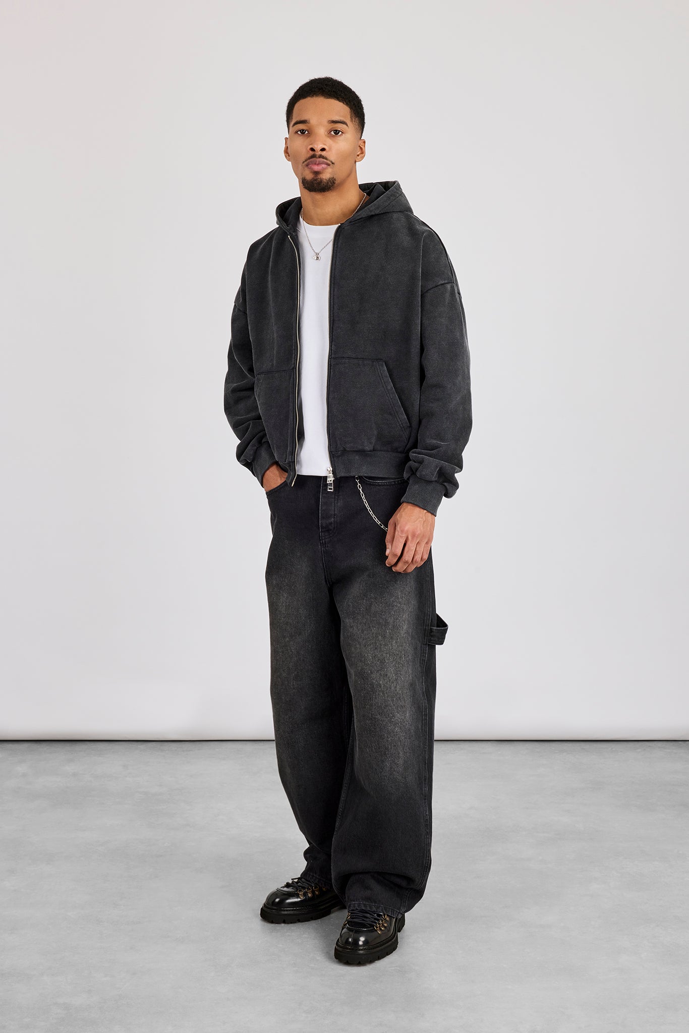 Washed Applique Boxy Zip Through Hoodie - Acid Wash