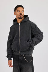 Washed Applique Boxy Zip Through Hoodie - Acid Wash