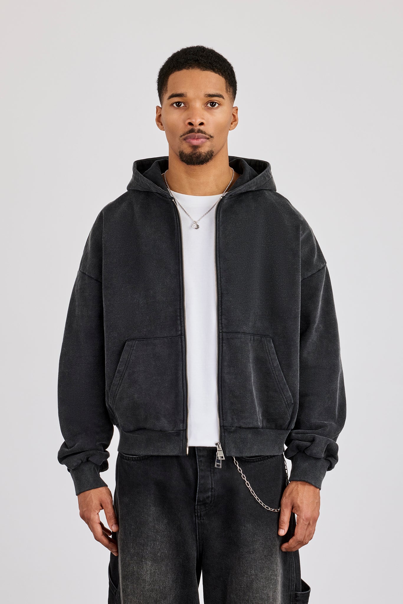 Washed Applique Boxy Zip Through Hoodie - Acid Wash | Mens Hoodies