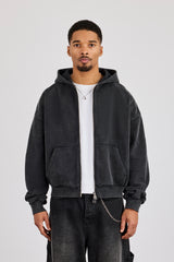 Washed Applique Boxy Zip Through Hoodie - Acid Wash