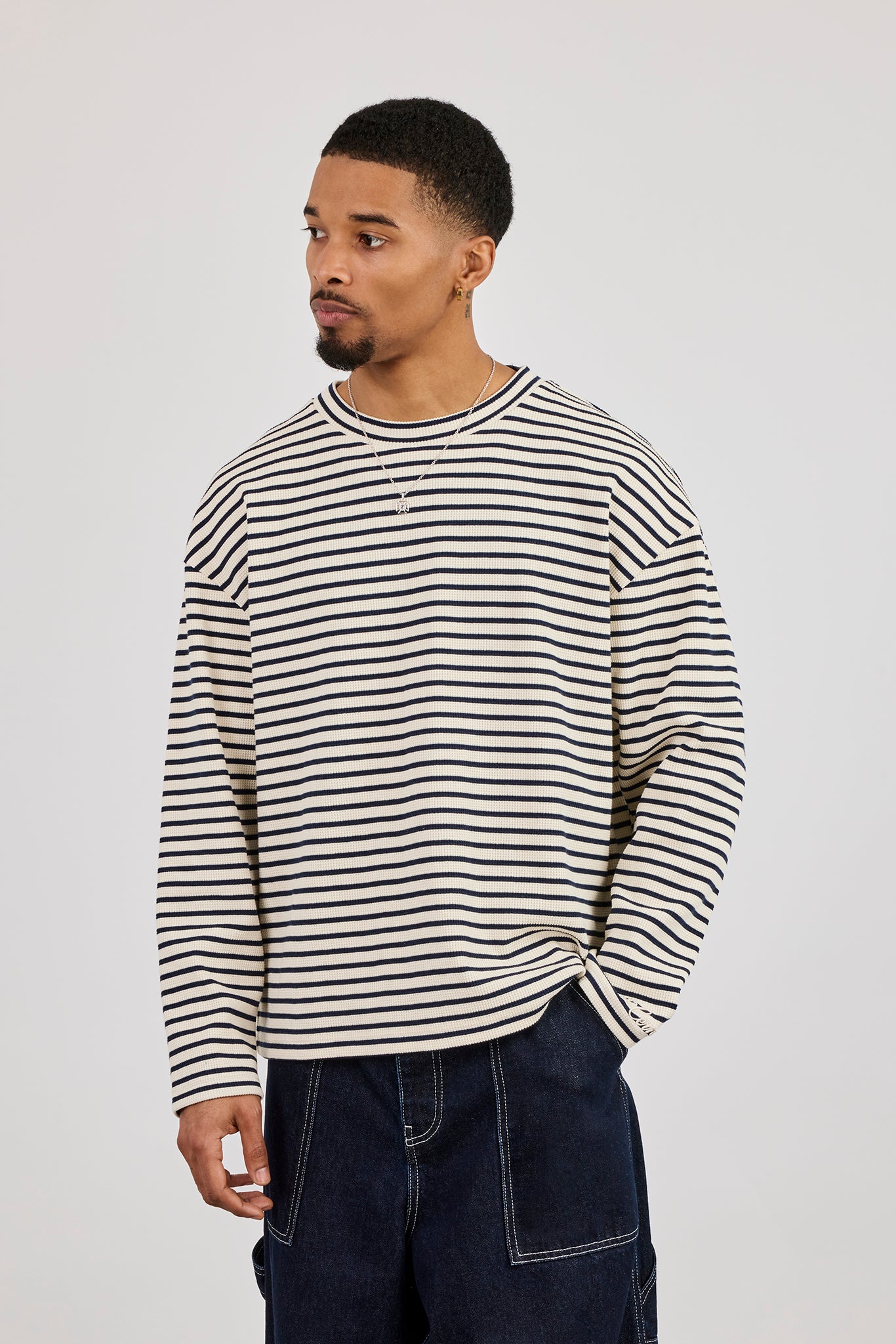 Long Sleeve Waffle Stripe T-Shirt - Navy | Mens Tees & Vests
