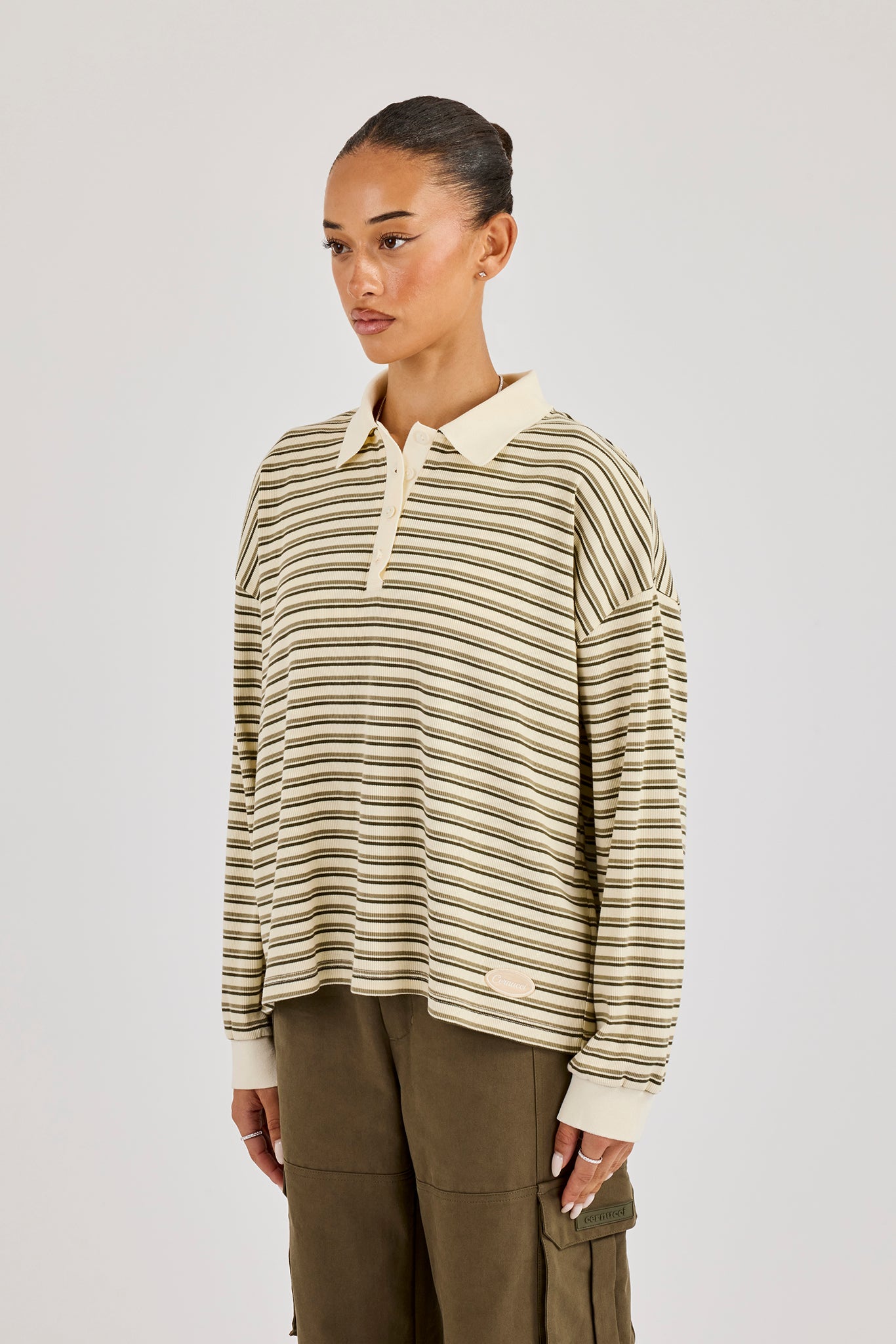 Oversized Polo-Top mit strukturierten Streifen – Khaki