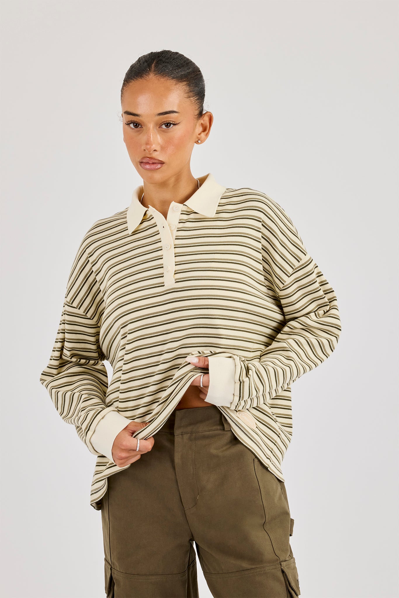 Oversized Textured Stripe Polo Top - Khaki
