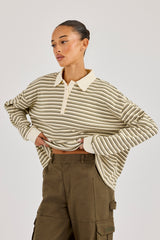 Oversized Polo-Top mit strukturierten Streifen – Khaki