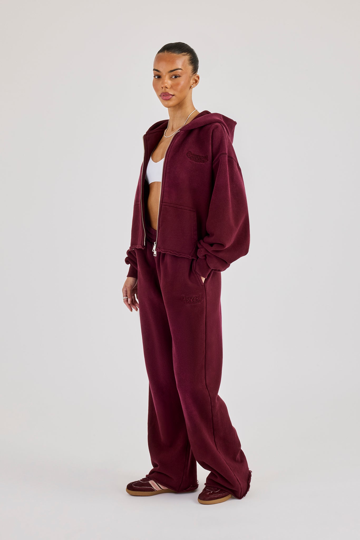 Washed Boxy Fit Zip Through Hoodie & Wide Leg Jogger - Burgundy