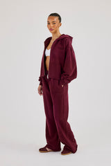 Washed Boxy Fit Zip Through Hoodie & Wide Leg Jogger - Burgundy
