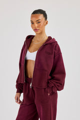 Washed Boxy Fit Zip Through Hoodie - Burgundy