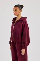 Washed Boxy Fit Zip Through Hoodie - Burgundy