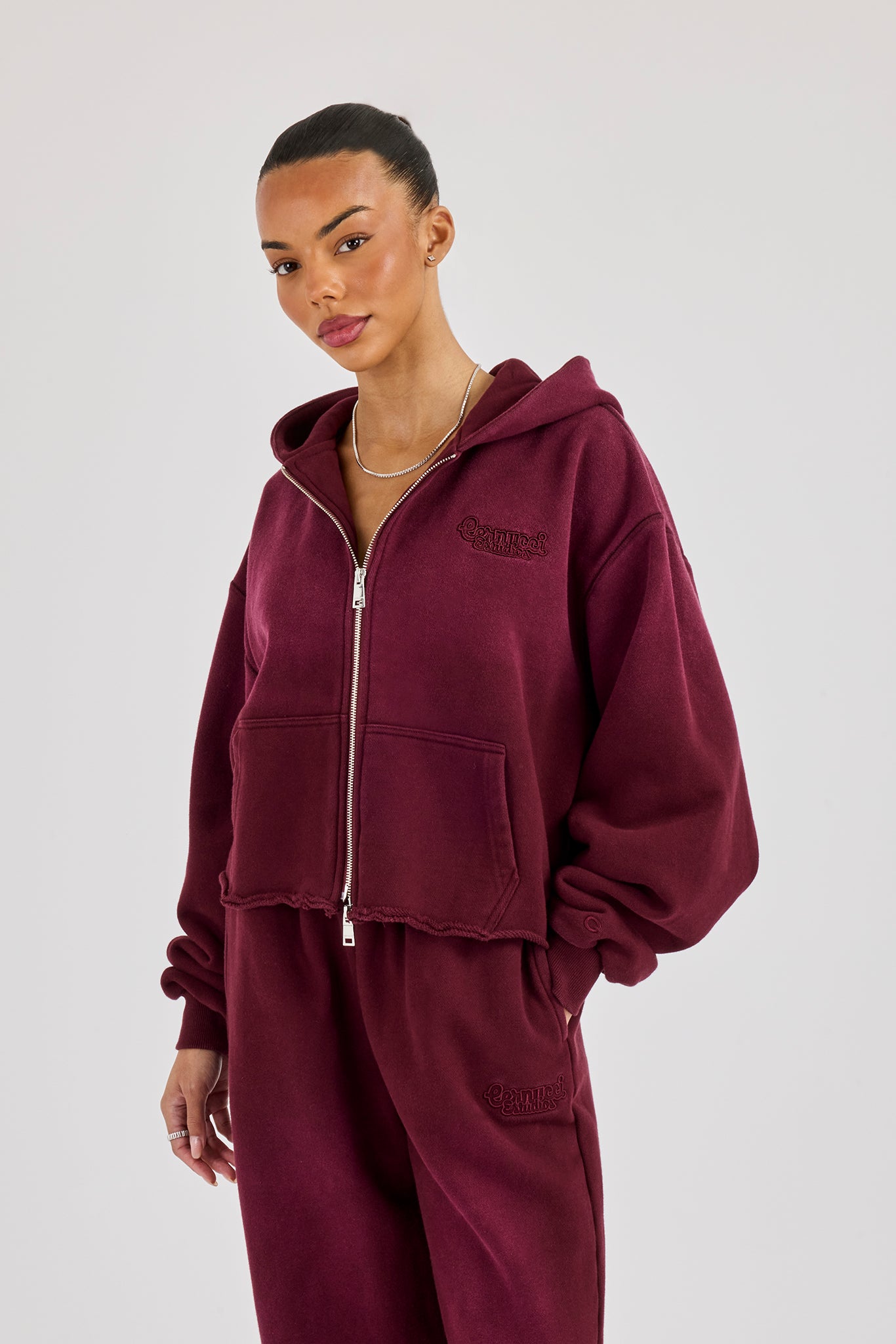 Washed Boxy Fit Zip Through Hoodie - Burgundy | Womens Hoodies